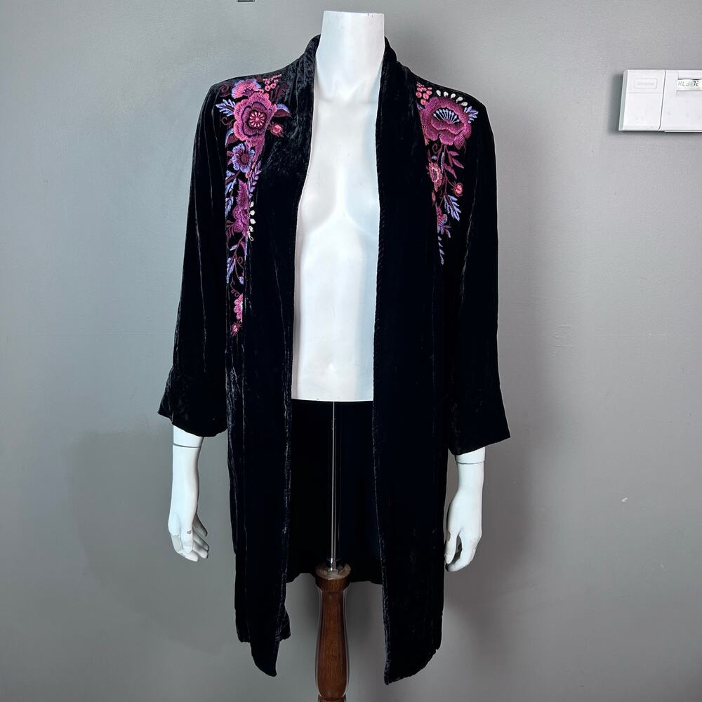 Johnny Was top‎ kimono XS velvet embroidered floral black pink boho goth